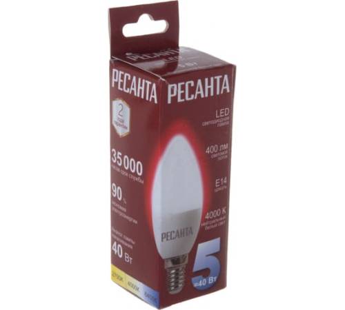 Лампа светодиодная LL-R-C37-5W-230-4K-E14 (свеча, 5Вт, нейтр., Е14) Ресанта