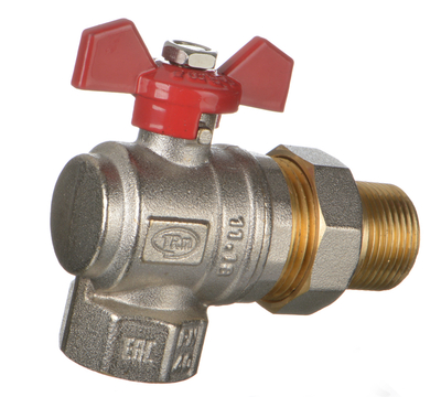 Кран американка 1' г-ш  бант красный, УГЛОВОЙ Terma-R, IVR, шаровый никель латунь