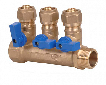 -- Коллектор прямой с шар.кранами, латунь, 3/4", 3 выхода евроц. 16, синяя ручка