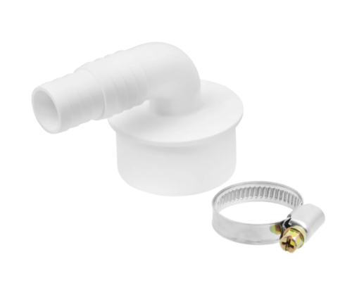 Угловой штуцер d50- 19/22 мм с хомутом для сливного шланга стиральных машин MasterProf