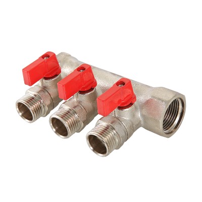 Коллектор 1" труба, 3 вых. на 1/2" ш. с отсекающими кранами, Valtec