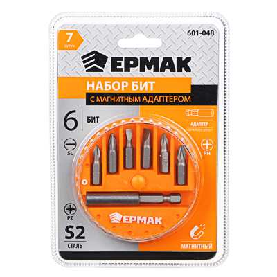 ЕРМАК Набор 7 пр. биты, магнитный адаптер для бит, пластиковый кейс