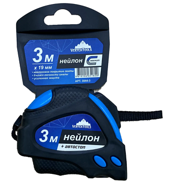 Рулетка 3м (19мм) VERTEXTOOLS нейлон, автостоп