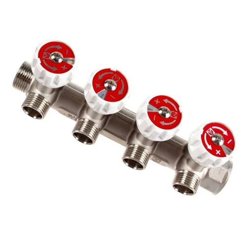 Коллектор 3/4" труба, 4 вых. на 1/2" ш., с регулировочными вентилями (на подающий трубопровод) V