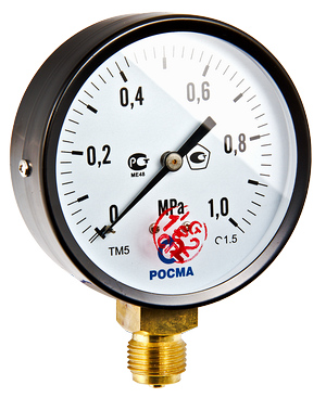 Манометр ТМ-510Р Ду 100 с нижним подключением (150°) 1/2", 0-16 бар (кл. точн. 1,5) (ЖЦ)