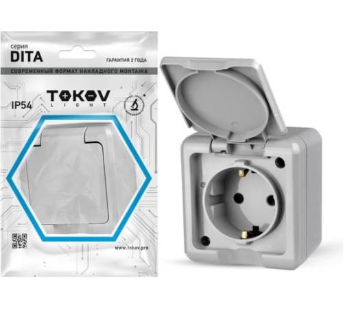 Розетка 1-м ОП Dita 16А IP54 250В с заземл. с крышкой сер. TOKOV ELECTRIC TKL-DT-R1Z-C06-IP54