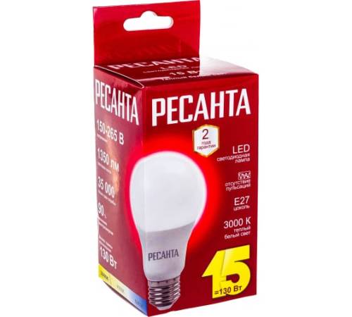 Лампа светодиодная LL-R-A65-15W-230-3K-E27 (груша, 15Вт, тепл., Е27) Ресанта