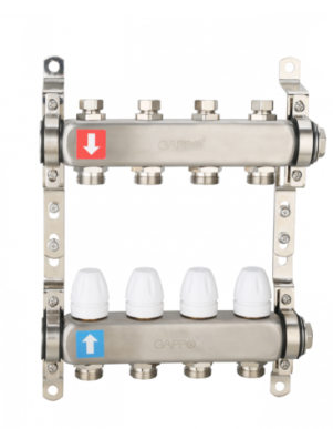 Коллектор Gappo рег. с запор. клап., нерж. сталь, 8-вых. 1"x3/4" (загл, кроншт) G428.8