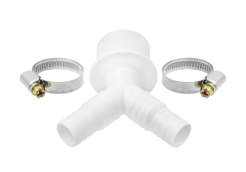 Двойной штуцер d50 - 19/22 мм с хомутом для сливного шланга стиральных машин MasterProf