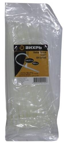 Хомут нейлоновый 4,8x200 белый (100шт.) ВИХРЬ