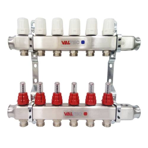 Коллектор с ручными регулировочными клапанами 1"х 6 вых Евроконус 3/4" VALTEC